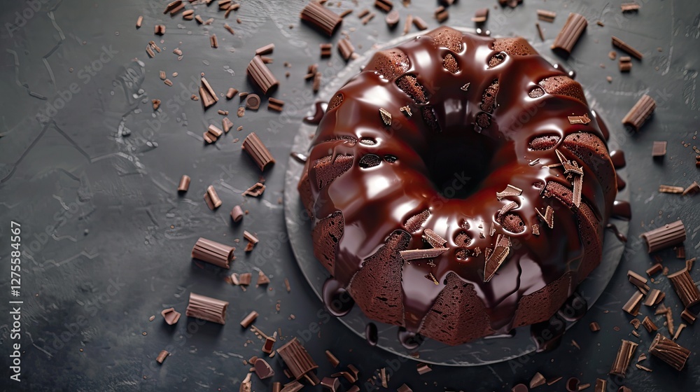 Aufkleber Decadent chocolate bundt cake with glossy ganache and chocolate shavings on a dark textured surface with ample copy space for text