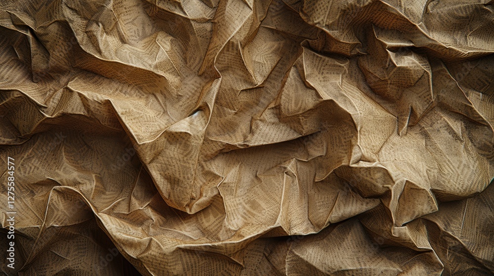 Poster Crumpled brown paper texture featuring rich earthy tones and intricate patterns showcases depth and dimension against a neutral background.