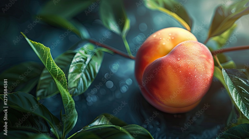 Poster ripe peach nestled among vibrant green leaves with soft dew against a blurred background creating a 