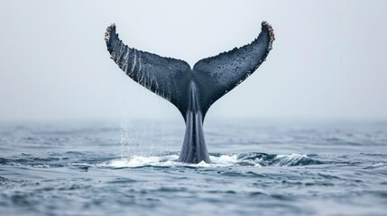 Humpback whale tail fluke emerges from tranquil water with splashes in gray foggy atmosphere near the Great South Channel in North Atlantic Ocean