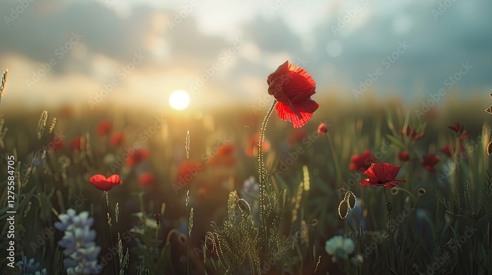 Poster Vibrant red poppy flowers in a sunlit field with soft focus and shallow depth of field against a picturesque sunset and soft clouds in background