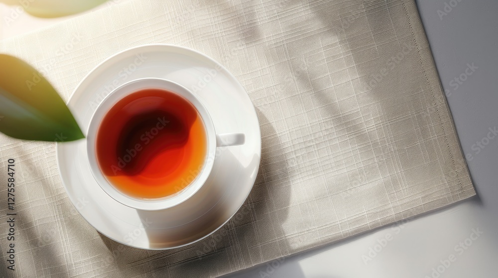 Poster japanese minimalism depicted in a serene setting featuring a cup of tea on a light beige napkin with
