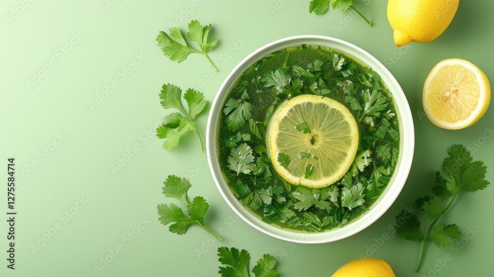 Poster fresh green coriander soup with lemon slices in a white bowl on a pale green background surrounded b