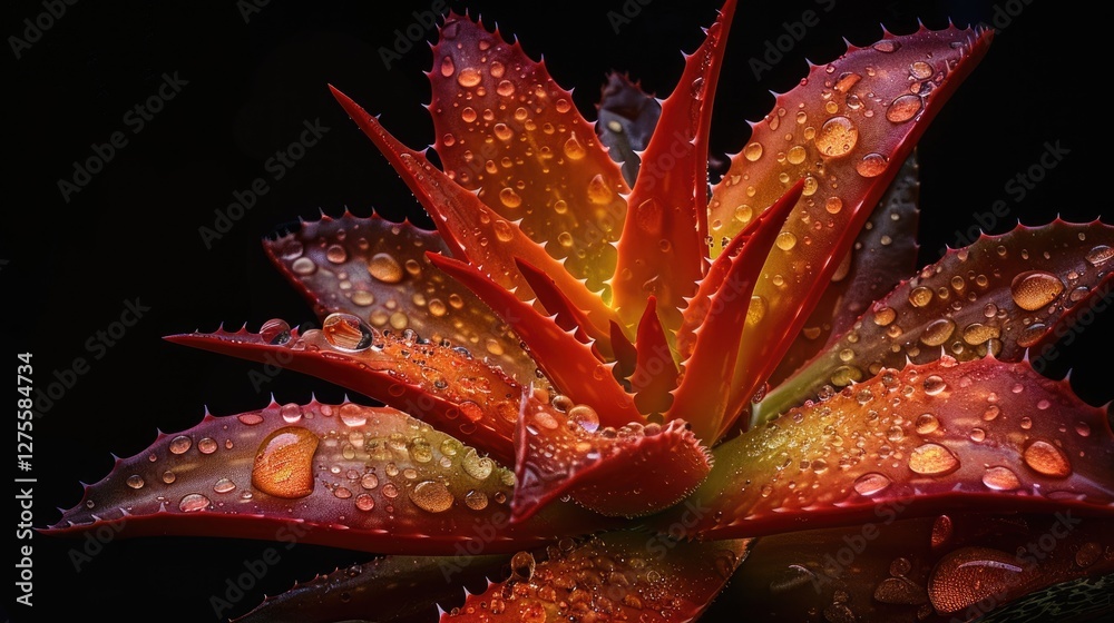 Poster vibrant succulent with sharp red and green leaves adorned with water droplets against a dark backgro