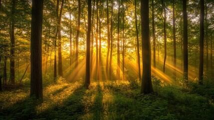 Obraz premium Golden Rays Filtering Through Verdant Lush Woodland, Casting Ethereal Luminescent Patterns on Enchanted Forest Floor