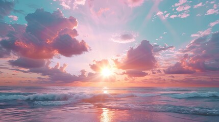 Serene ocean sunset with vibrant pink and purple clouds reflecting in calm sea, golden sun rays breaking through dramatic sky over beach