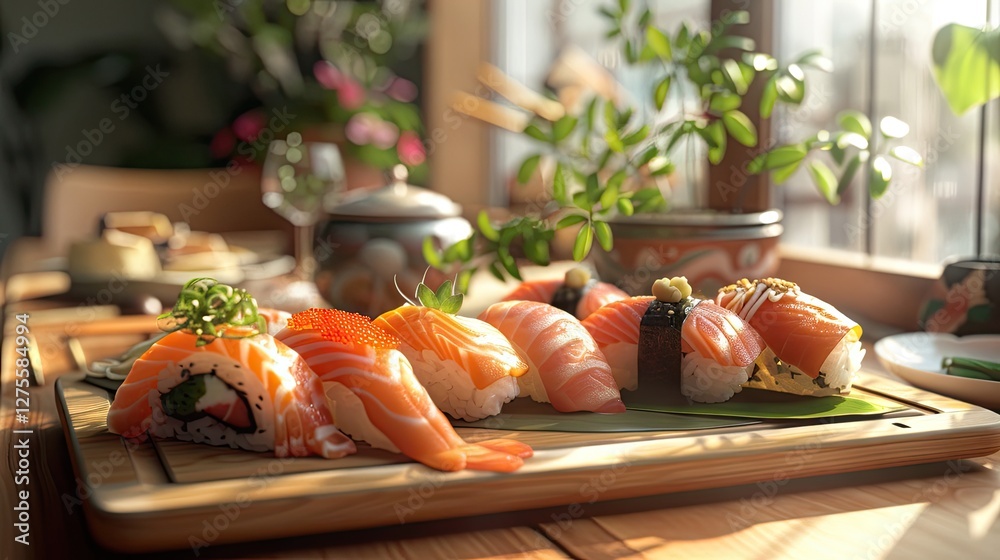 Poster colorful assortment of nigiri sashimi and rolls displayed on a wooden platter with green leaves and 