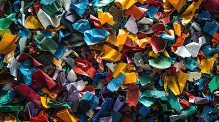 Colorful shredded plastic fragments in a chaotic arrangement with reds, blues, yellows, and greens, symbolizing recycling and ecological solutions.