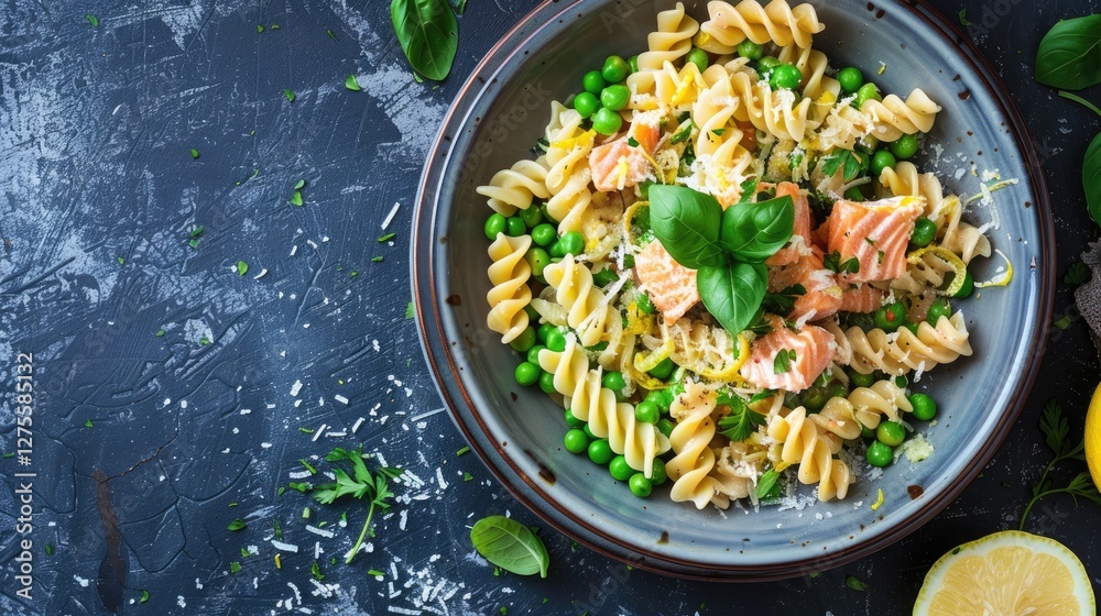 Poster delicious homemade fusilli pasta with salmon and green peas topped with parmesan and lemon zest on a