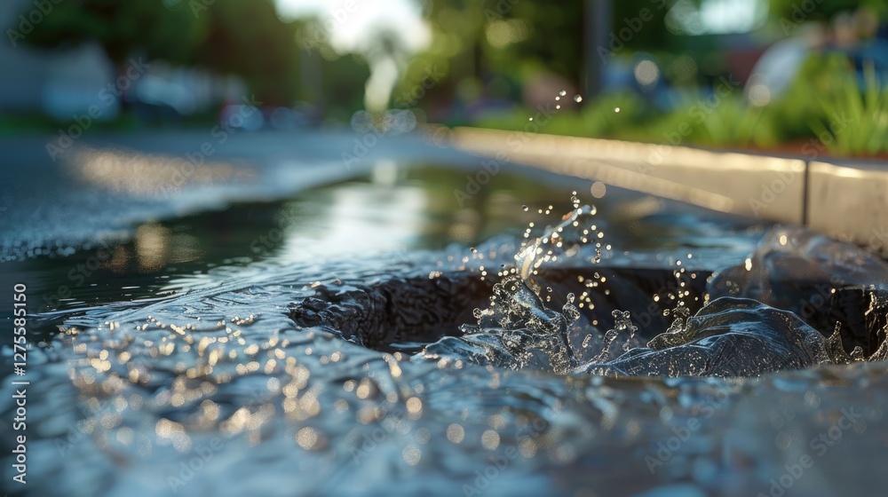 Aufkleber Close-up view of a puddle with splashes in clear water, sunlight reflecting off droplets, street view blurred in the background with greenery.