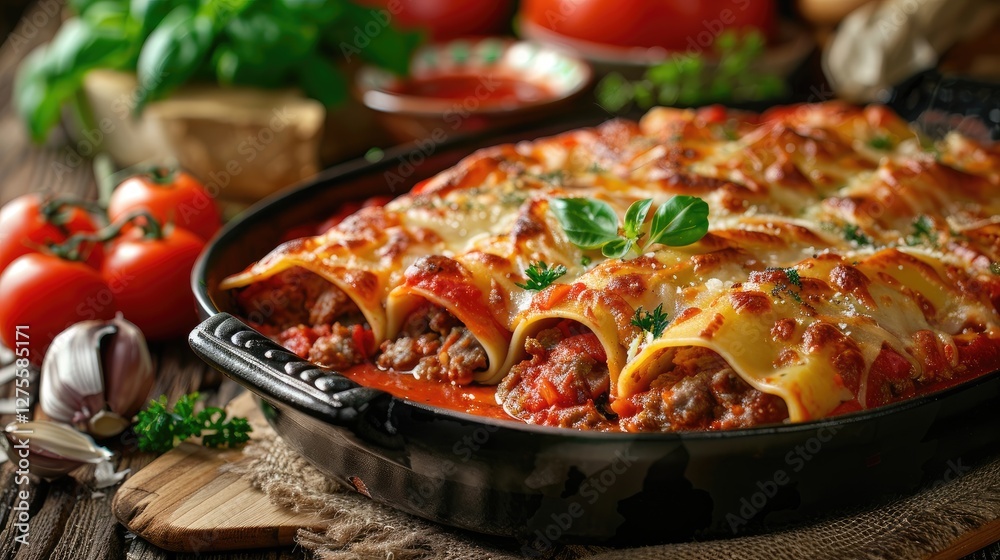 Poster baked pasta with meat in rich tomato sauce garnished with herbs and fresh tomatoes on a rustic woode
