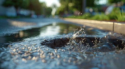 Fototapeta premium Close-up view of a puddle with splashes in clear water, sunlight reflecting off droplets, street view blurred in the background with greenery.