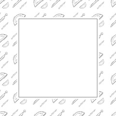 artist tool frame. doodle art supplies square frame. hand drawn artist kit frame background. art material background