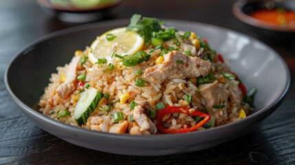 Delicious chicken fried rice garnished with lemon slices and cucumber, featuring vibrant peppers and green onions, served in a elegant dark bowl.
