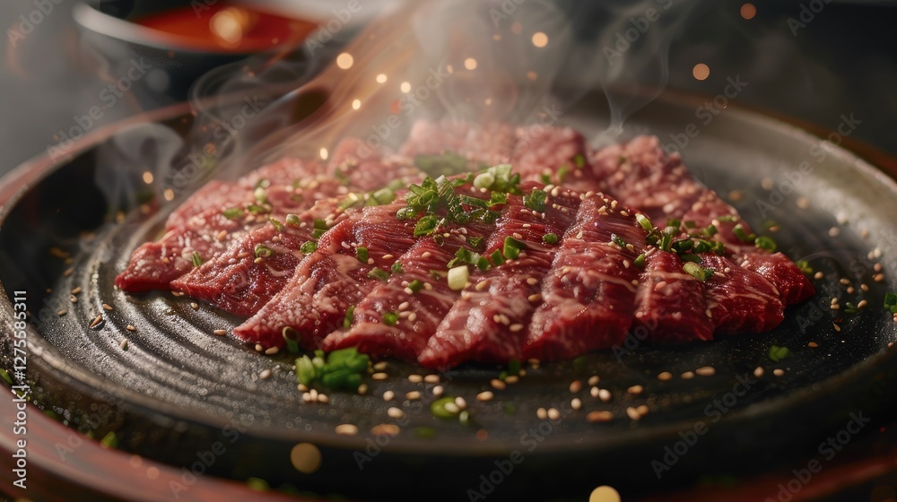 Aufkleber succulent korean beef slices arranged on a sizzling grill, garnished with green onions and sesame se