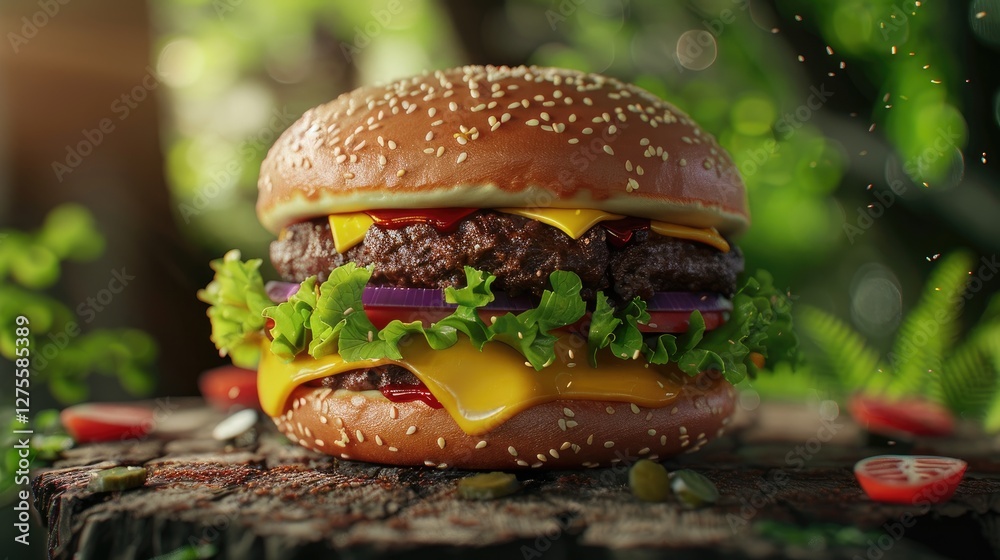 Poster delicious cheeseburger with layers of cheese and lettuce on a rustic wooden table surrounded by gree