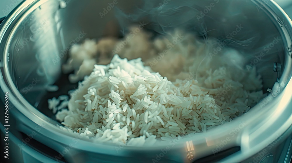 Poster freshly cooked white rice gently steaming in a silver rice cooker with soft light highlighting the f