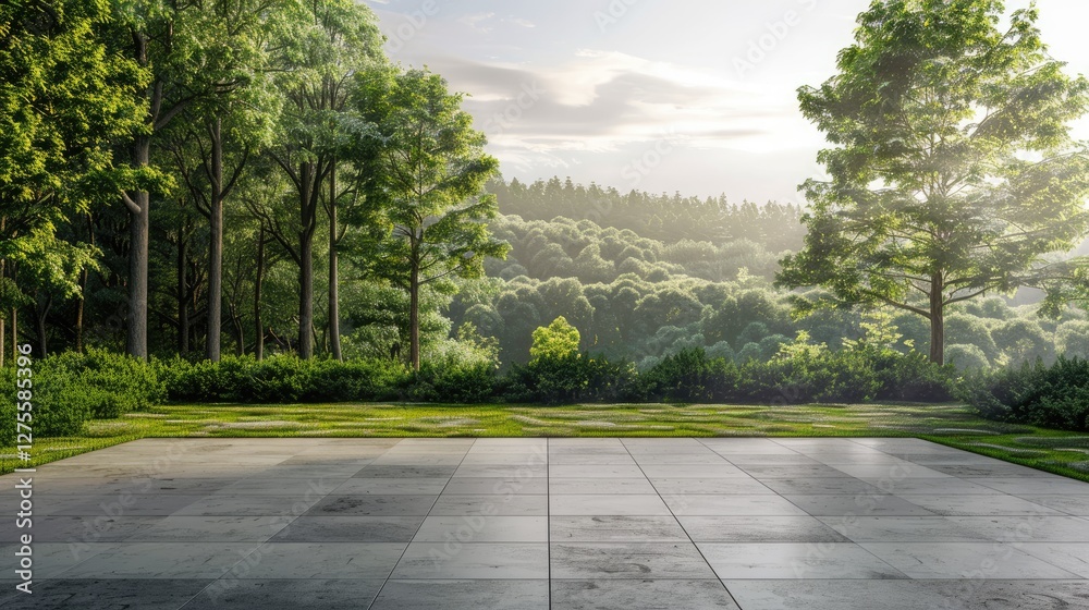 Aufkleber serene empty square floor with gray stone tiles surrounded by lush green forest landscape under soft