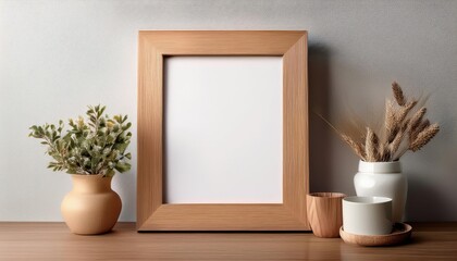 Wooden Frame Mockup Elegant Empty Canvas for Photos, Paintings, or Prints, Set in a Cozy Rustic...