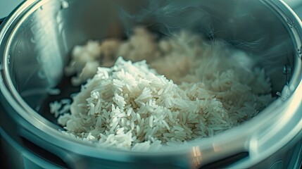 Freshly cooked white rice gently steaming in a silver rice cooker with soft light highlighting the fluffy texture and slight condensation on the lid.