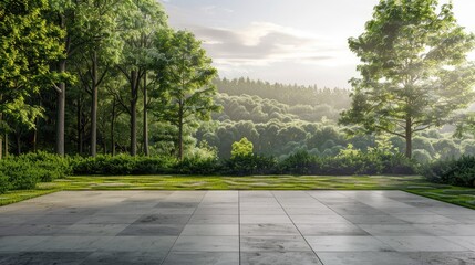 Fototapeta premium Serene empty square floor with gray stone tiles surrounded by lush green forest landscape under soft morning light and gentle haze