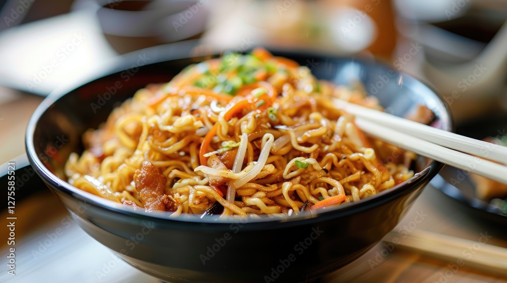 Poster fried noodle dish topped with colorful vegetables served in a black bowl with chopsticks on a wooden
