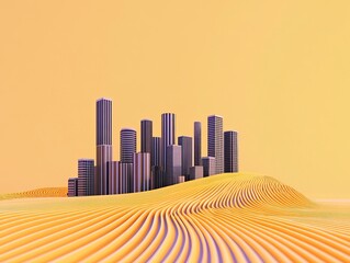 A surreal cityscape rises amidst flowing yellow dunes, blending modern architecture with an otherworldly, desert-like environment.