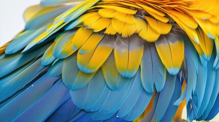 Obraz premium Brilliant blue, gold, and olive yellow feathers of a blue and gold macaw showcasing intricate details and vibrant colors in a close-up view.
