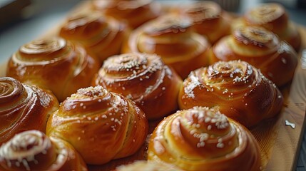 Golden spiral-shaped sweet bread rolls arranged closely on a wooden surface, topped with white sugar granules, showcasing a glossy finish and soft texture.