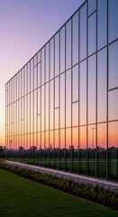 Obraz premium Modern Building Reflecting Sunset Sky with Lush Green Lawn and Bushes