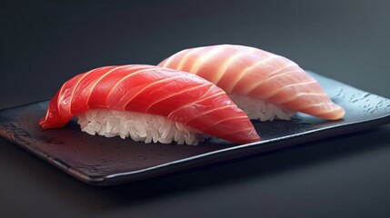 Sushi Nigiri featuring vibrant red Maguro tuna and pale fish atop a bed of white rice on a sleek black plate with a dark background