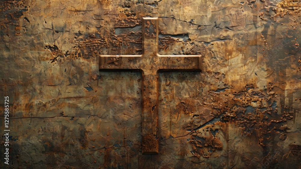 Fototapete aged copper background texture with a prominently centered simple christian cross showcasing rich br