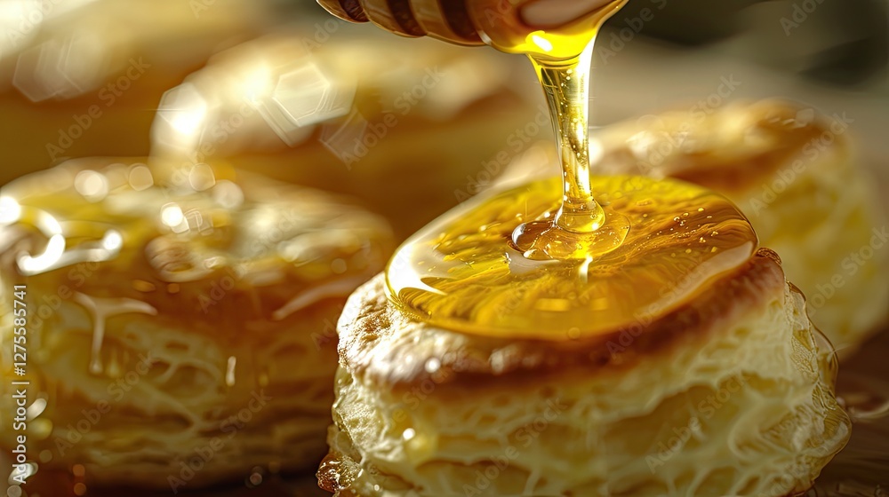 Poster freshly baked buttermilk biscuits drizzled with golden honey showcasing soft layers and warm texture