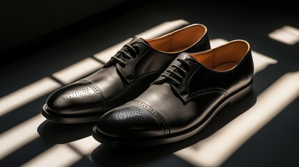 A sophisticated pair of black leather dress shoes displayed under dramatic lighting