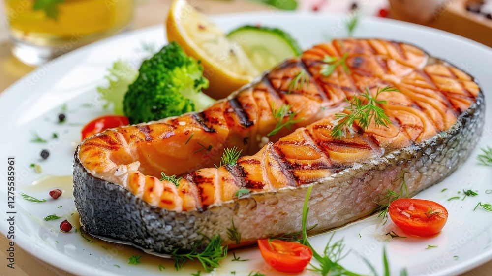 Poster grilled salmon steak on a white plate with cherry tomatoes and broccoli garnished with dill and lemo