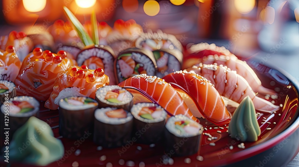 Poster vibrant assortment of sushi on a deep red dish featuring colorful rolls garnished with wasabi and se
