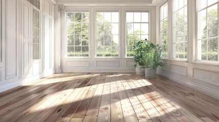 Fototapeta premium Bright renovated room featuring wooden oak floor, white walls, large windows allowing natural light, and a potted plant in the corner.