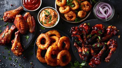 Appetizer platter featuring crispy onion rings, chicken wings, and dipping sauces arranged on dark rustic background with garnishes of green parsley
