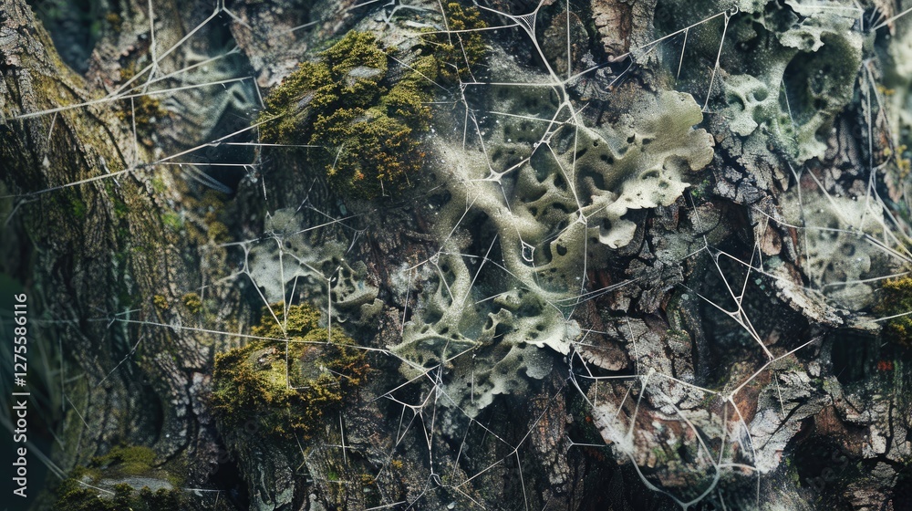 Aufkleber close up of textured tree bark featuring green moss and white lichens with delicate spider web patte