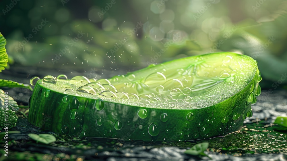 Poster Fresh cucumber slice with water droplets positioned centrally on a textured surface, surrounded by vibrant green foliage and soft natural lighting.