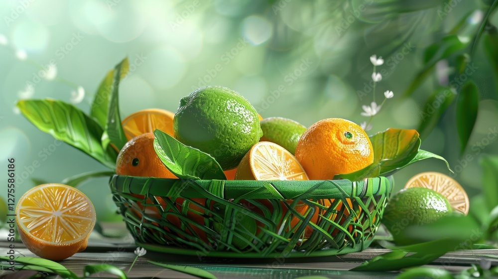 Poster vibrant green basket filled with fresh limes and oranges arranged with sliced citrus, surrounded by 