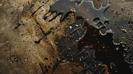 Oil stains on a cement parking lot floor, featuring dark brown and black hues, with dripping patterns and a textured surface from above.