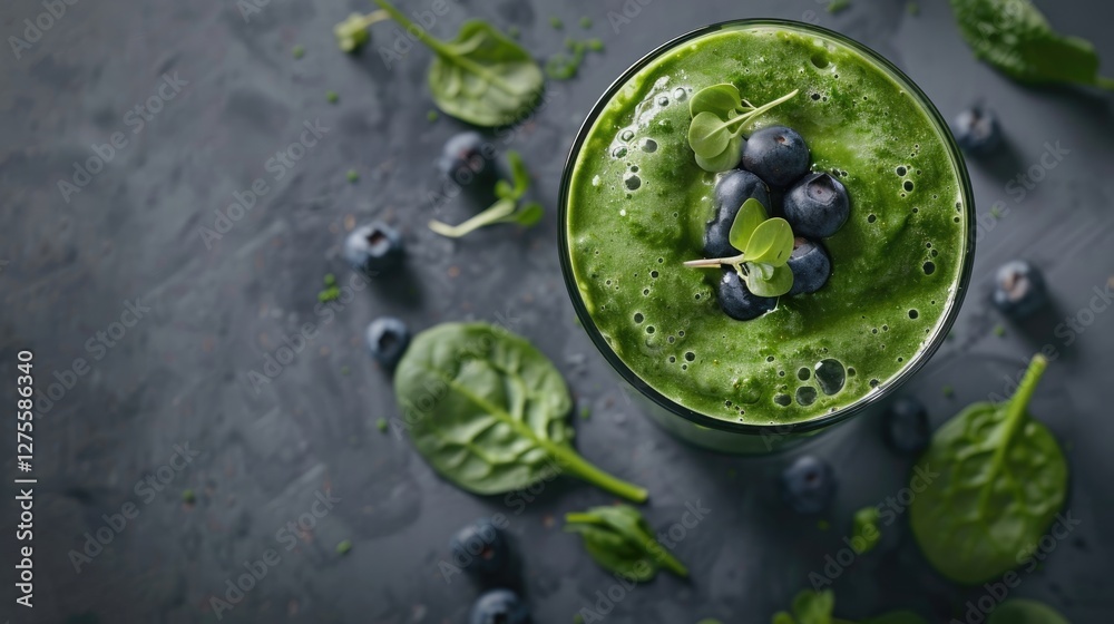 Poster fresh green smoothie with spinach and blueberries in a glass on a textured gray surface surrounded b