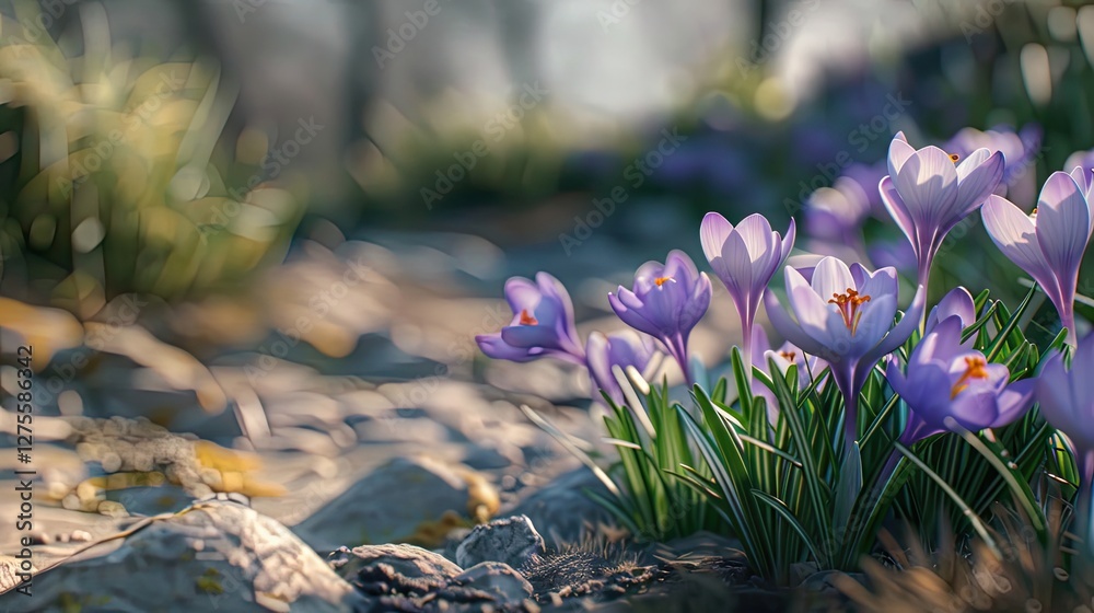 Poster Blooming cluster of lavender crocuses in soft focus with green grass and rocky soil in the foreground, showcasing delicate purple petals and sunlight.