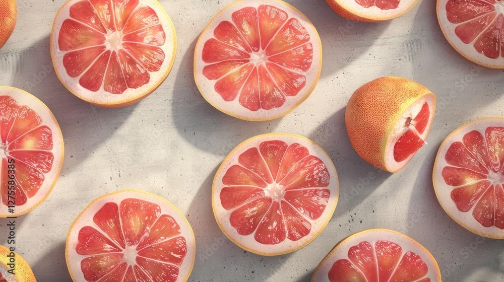 Poster freshly sliced red grapefruit halves displaying vibrant pink interior and yellow rind on a light sur
