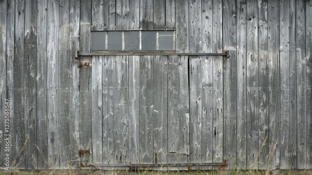 Poster weathered grey barn wood texture featuring a simple sliding door and window with natural grass below