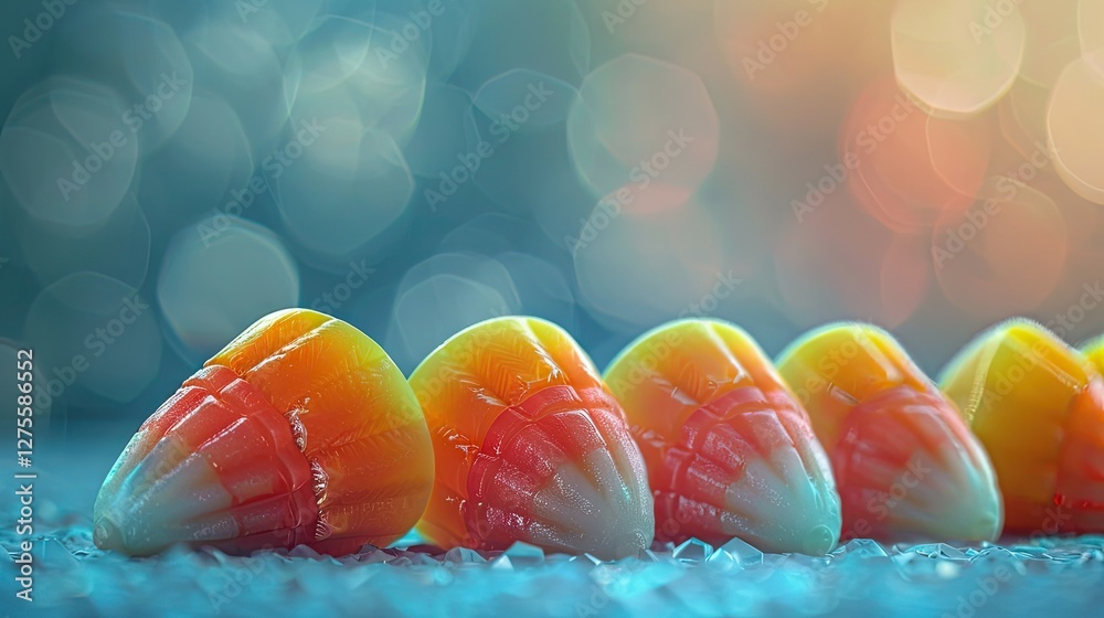 Poster Colorful candy corn candies arranged in a diagonal line on a textured surface with a blurred vibrant bokeh background creating a festive atmosphere