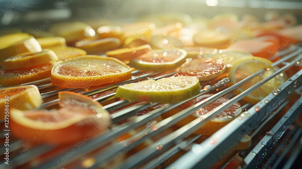 Poster close up of vibrant citrus slices including oranges and limes drying on shiny metal shelves of a deh