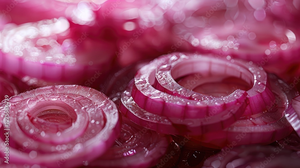 Poster Close-up of vivid pink red onion rings stacked on a wooden table displaying a glistening texture and soft bokeh background effects.