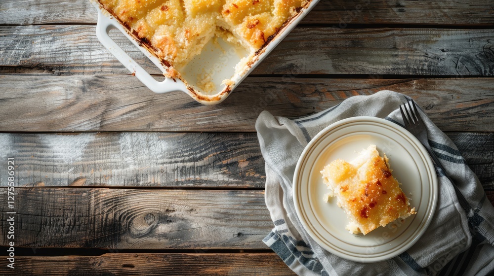 Aufkleber delicious baked dessert displayed in a rustic setting, with a serving on a plate and the main dish i